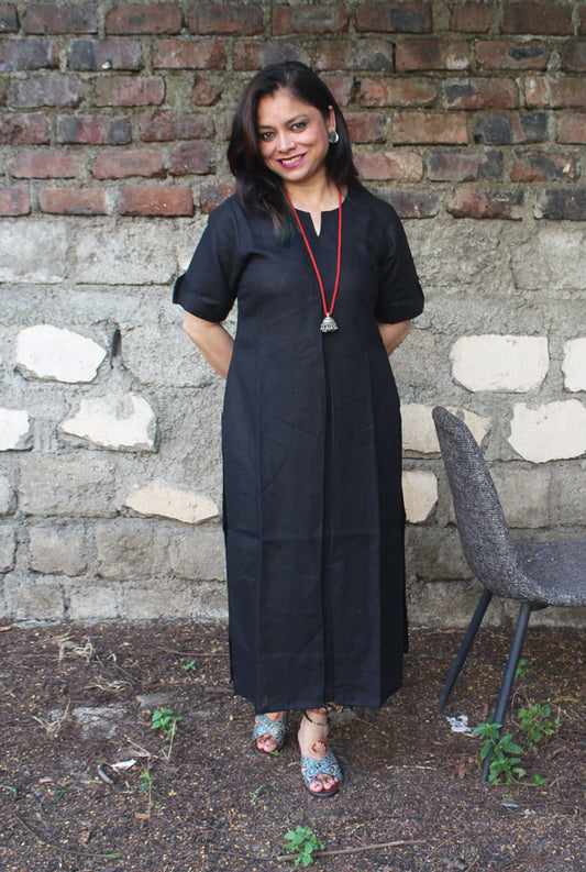 Black Straight Cut Linen Kurti with Box Pleat