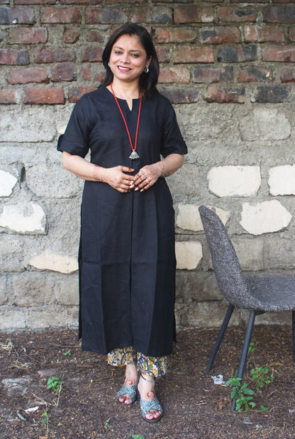 Black Straight Cut Linen Kurti with Box Pleat