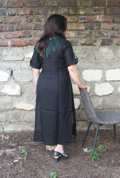 Black Straight Cut Linen Kurti with Box Pleat