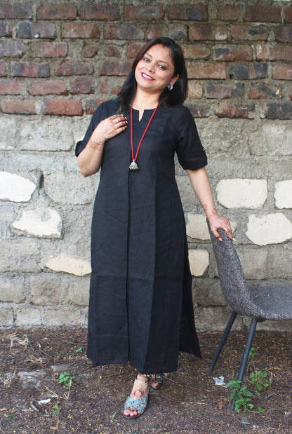 Black Straight Cut Linen Kurti with Box Pleat