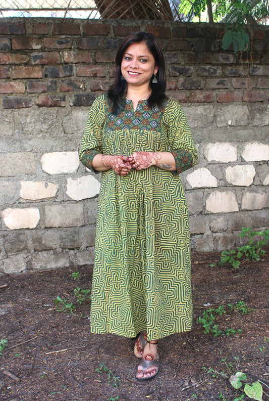 Green Cotton Ajrakh Kalidar A-line Kurti