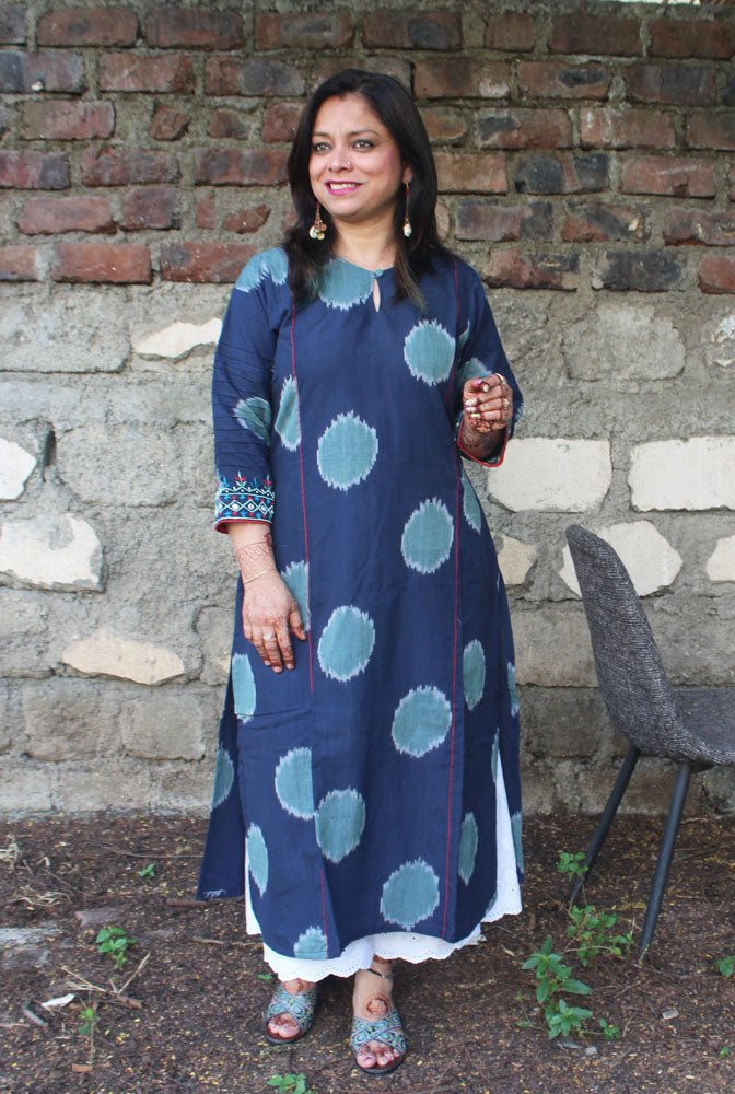 Straight Fit Close Neck Blue Ikat Kurti