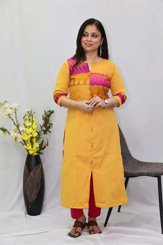 Yellow Handloom Cotton Kurti With Sico Silk Patch