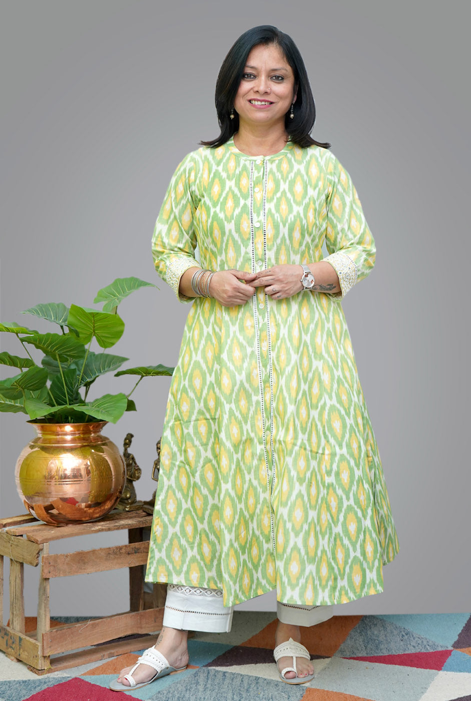 Ikat Kurti With Mirror Work