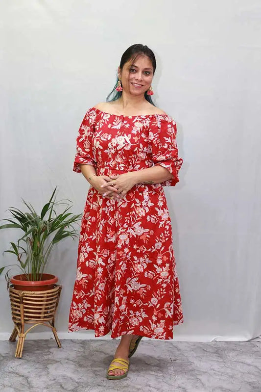 Gulmohar Red Cotton Hand Block Dress with Lining