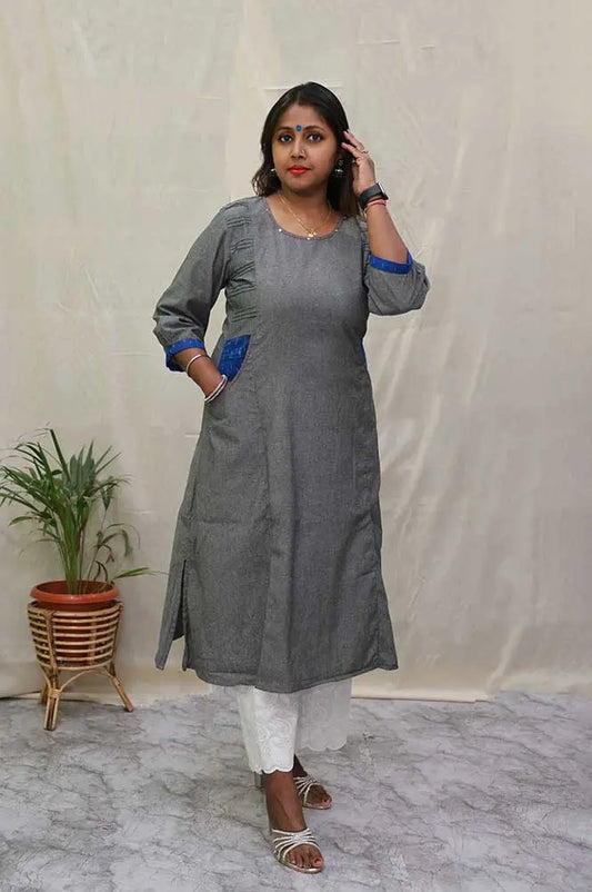 Solid Grey Kurti with Ikat Twist