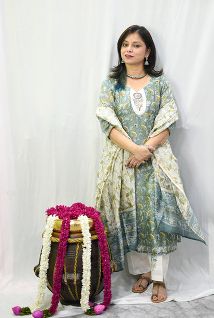 Chanderi kurti with Comfort Fit Cotton Pant & Chanderi Dupatta (C)