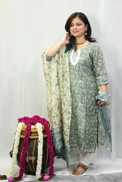 Chanderi kurti with Comfort Fit Cotton Pant & Chanderi Dupatta (C)