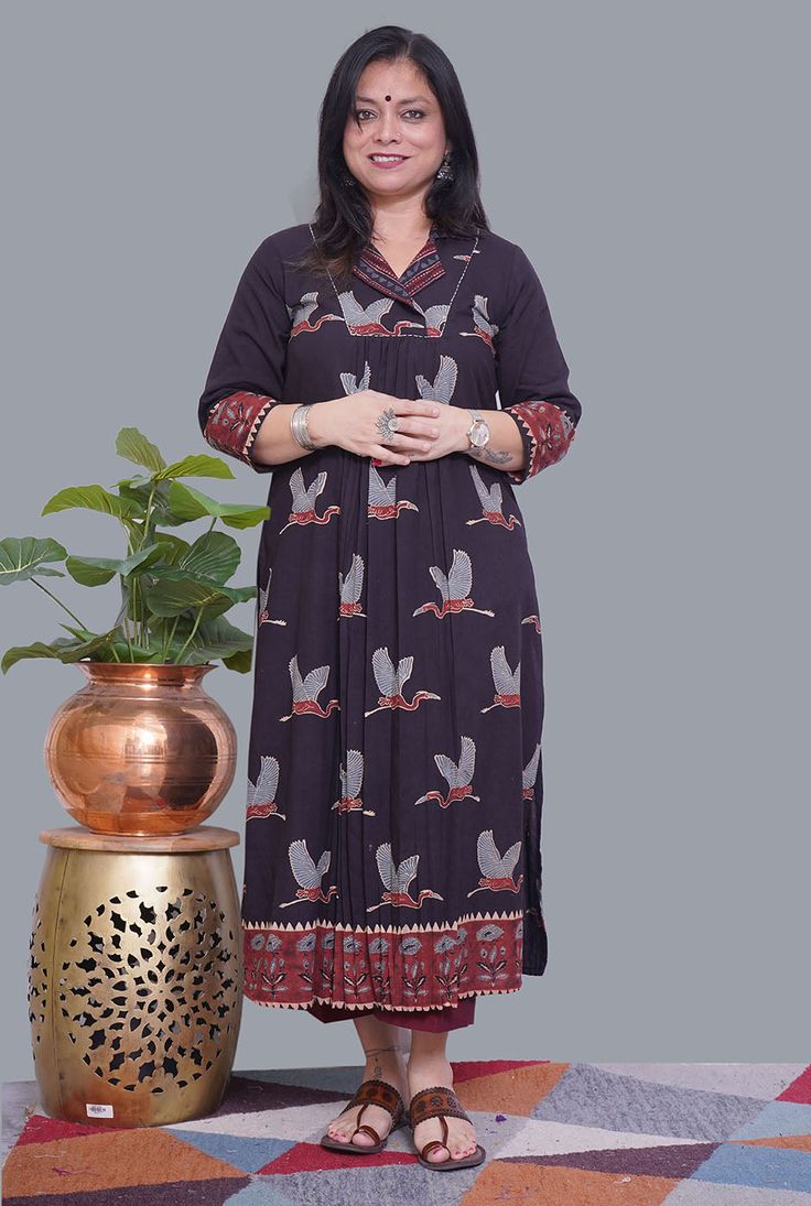 Black Ajrakh Gathered Embroidered Kurta