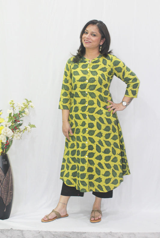 Yellow & Green Dabu Ajrakh Kurti