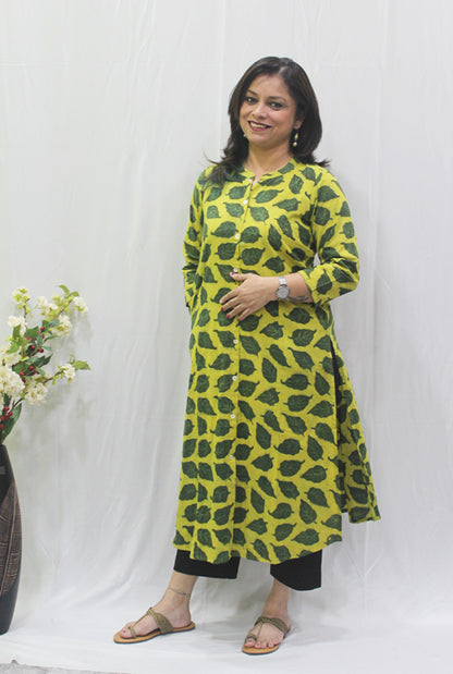 Yellow & Green Dabu Ajrakh Kurti