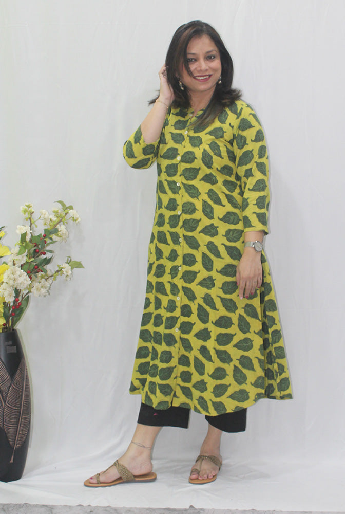 Yellow & Green Dabu Ajrakh Kurti