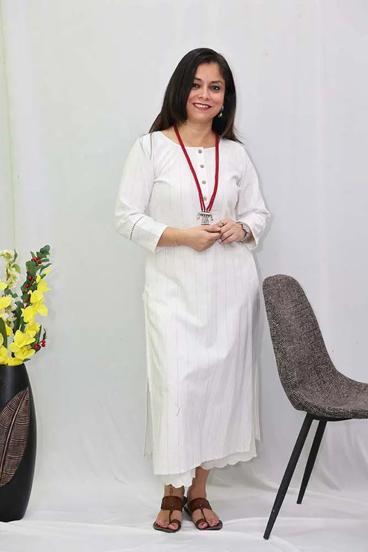 White Cotton Stripe Linen Kurti