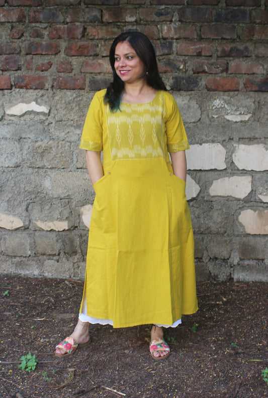 A Line Handloom Cotton Kurti With Ikat Yoke & Pockets