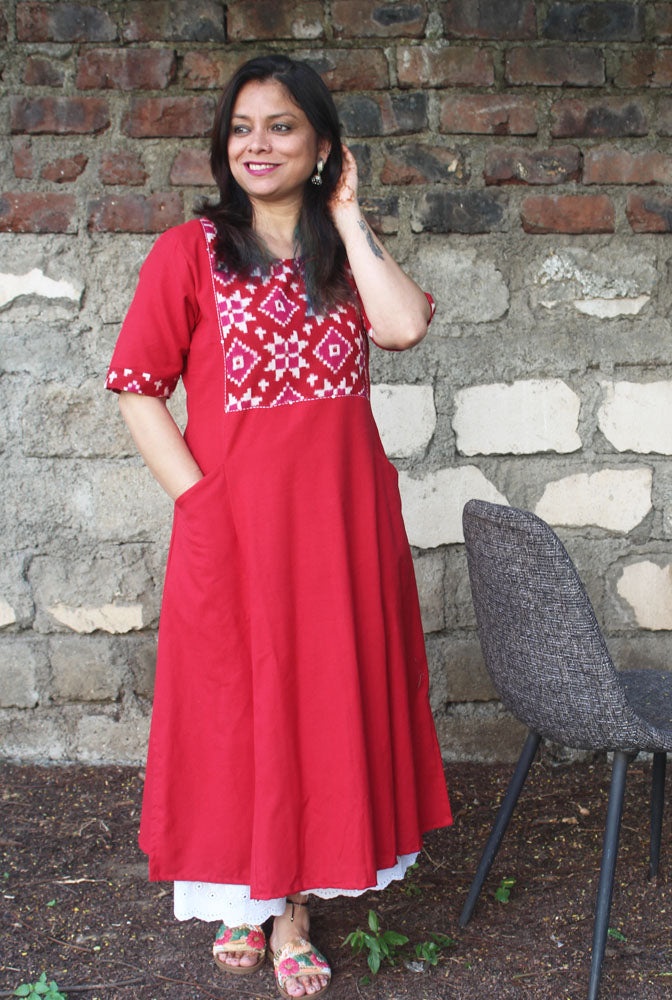 A Line Handloom Red Cotton Kurti With Ikat Yoke & Pockets