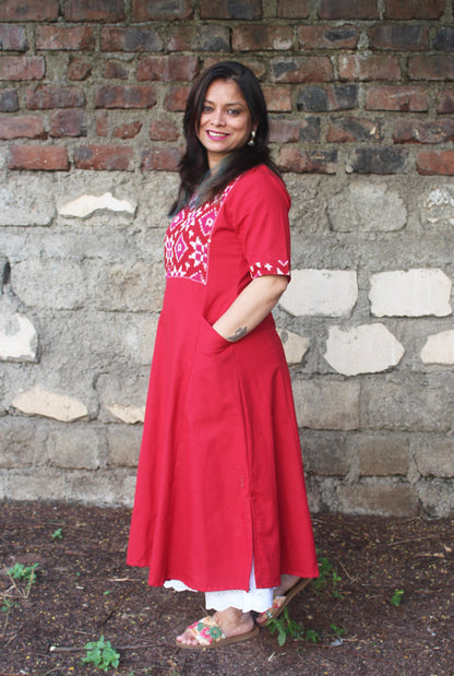 A Line Handloom Red Cotton Kurti With Ikat Yoke & Pockets
