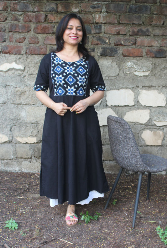 A Line Handloom Black Cotton Kurti With Ikat Yoke & Pockets