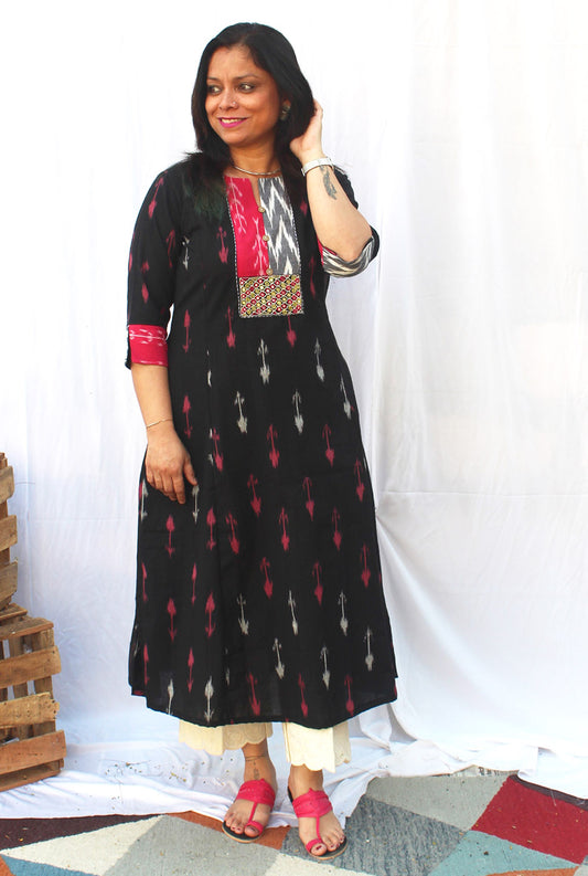 Cotton Ikat A-Line Kurti with Mirror Handwork