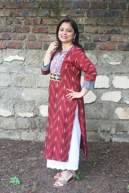 Red Straight Cut Kurti With Hand Work