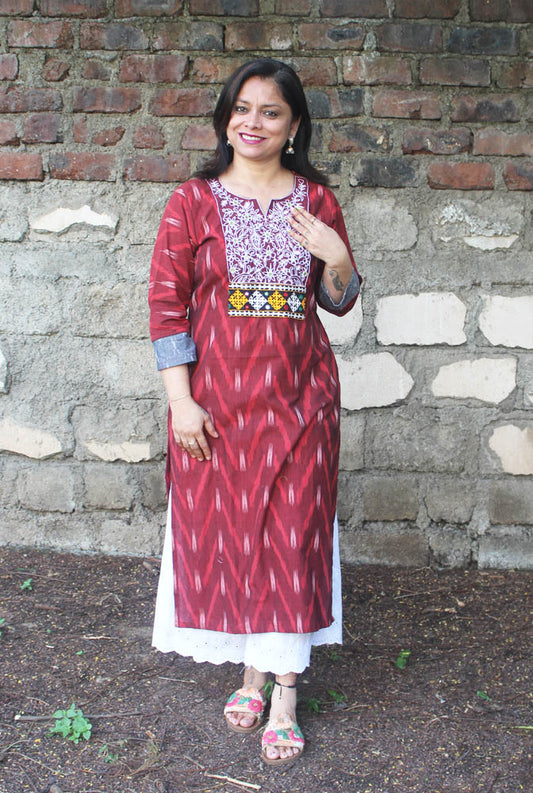 Red Straight Cut Kurti With Hand Work