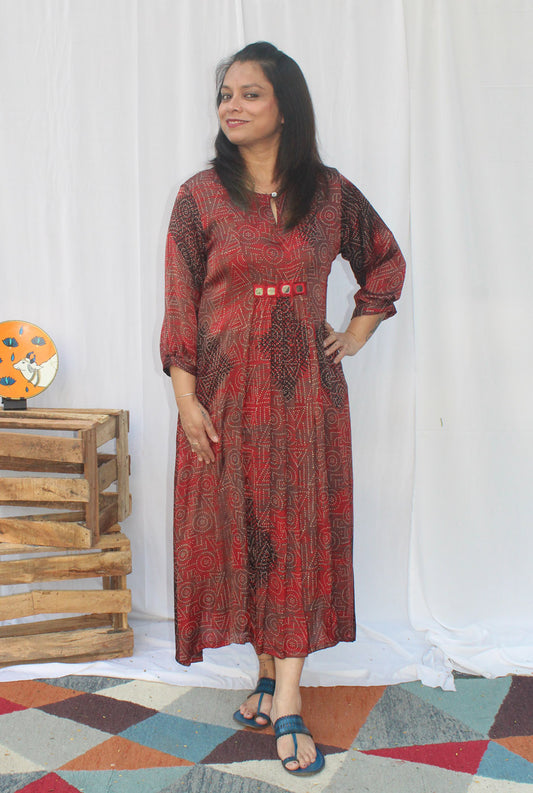 A line Modal Ajrakh Kurti With Mirror Detailing