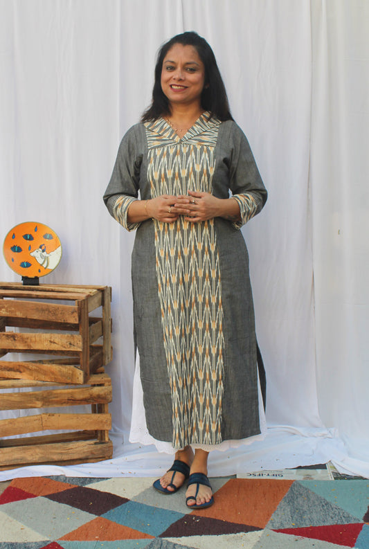 Grey Premium Handloom kurti With Exclusive Ikat Panel