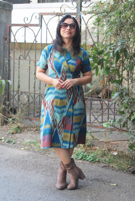 Uzbek Ikat Overlapping Blue Dress