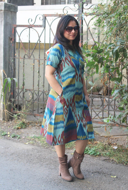 Uzbek Ikat Overlapping Blue Dress