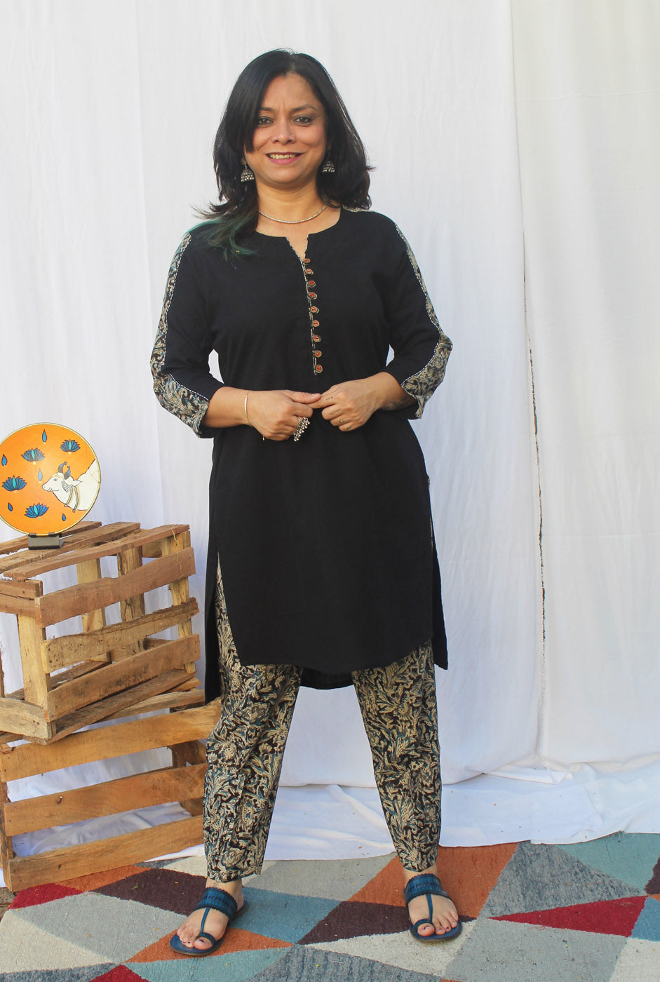 Black Handloom Cotton Kurti with Kalamkari Pant