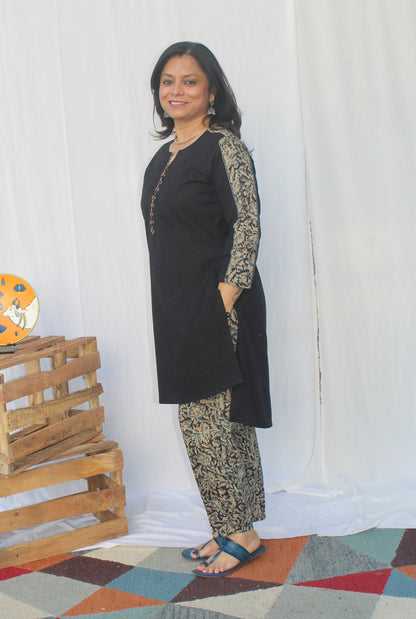 Black Handloom Cotton Kurti with Kalamkari Pant