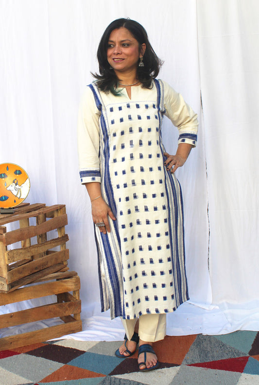 White & Blue Double Ikat Kurti