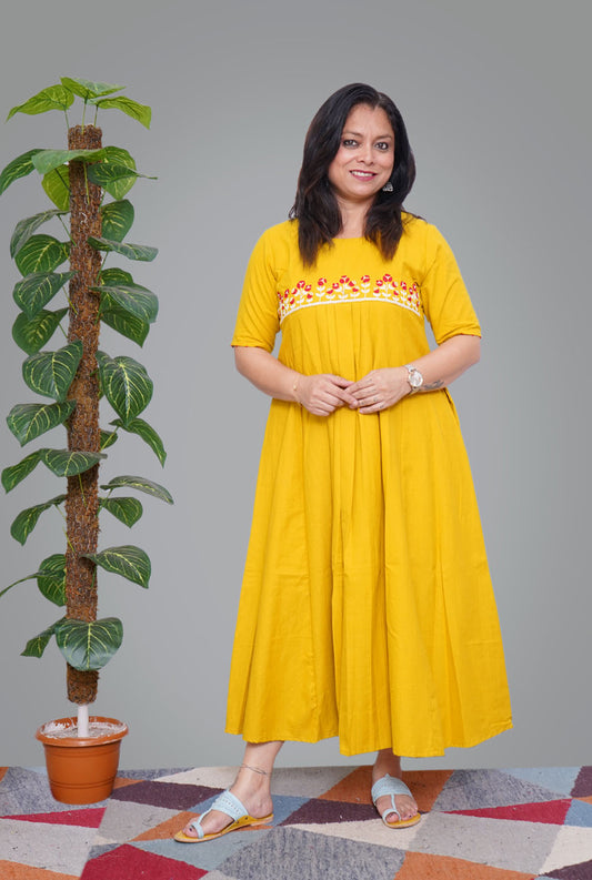 Yellow Premium Handloom Cotton Embroidered Dress/ Kurta