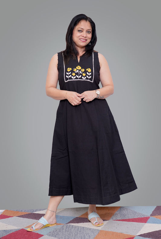 Black Premium Handloom Cotton Embroidered Dress/ Kurta