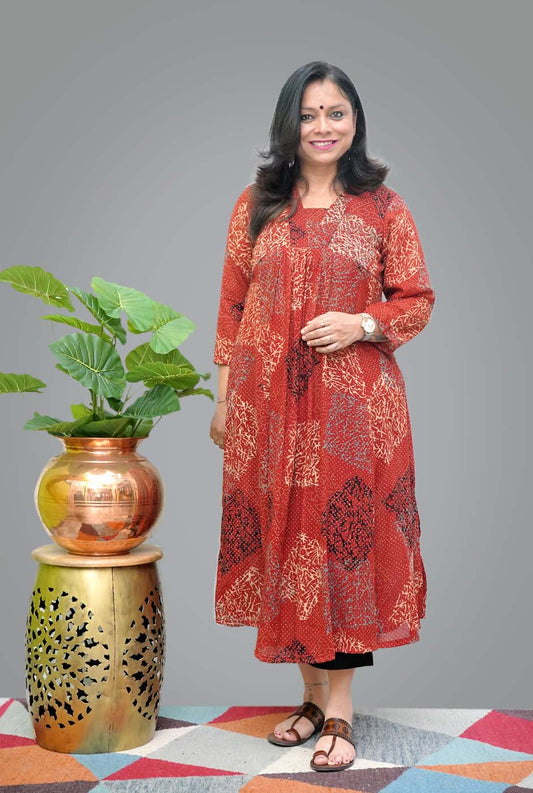 Hand block Mul Ajrakh Kurti with Front Gather