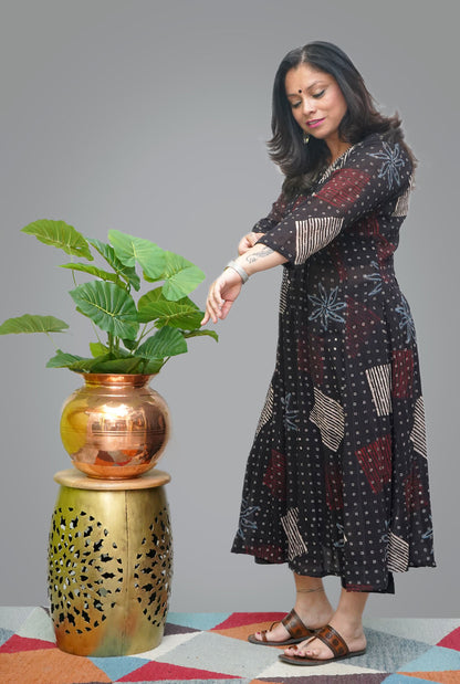 Hand block Black Mul Ajrakh Kurti with Front Gather