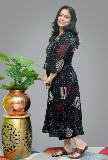 Hand block Black Mul Ajrakh Kurti with Front Gather