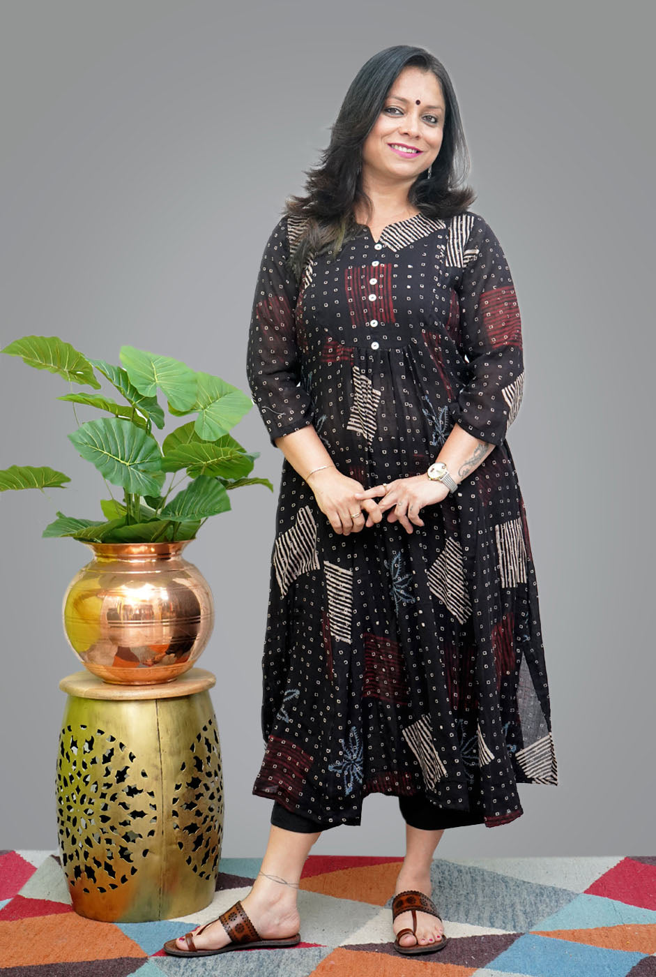 Hand block Black Mul Ajrakh Kurti with Front Gather