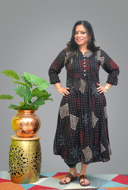 Hand block Black Mul Ajrakh Kurti with Front Gather