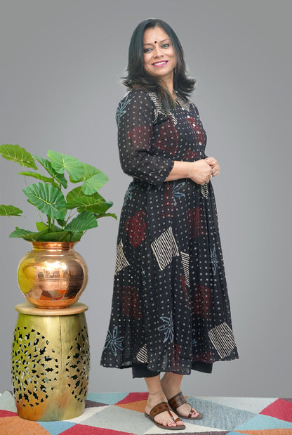 Hand block Black Mul Ajrakh Kurti with Front Gather