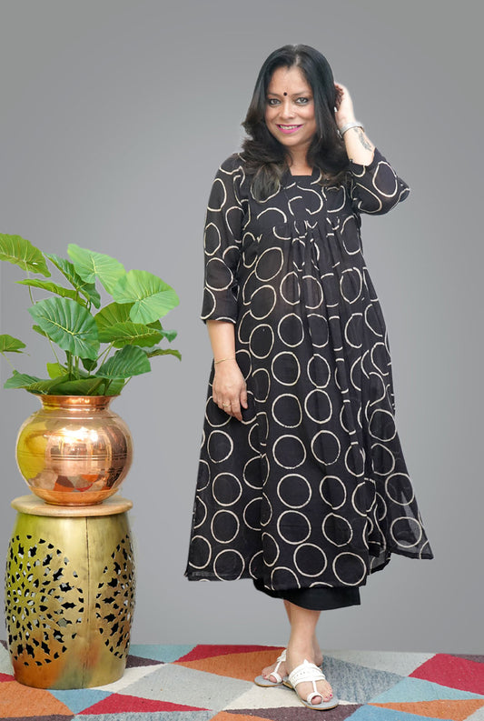 Black Hand block Mul Ajrakh Kurti with Front Gather (A)