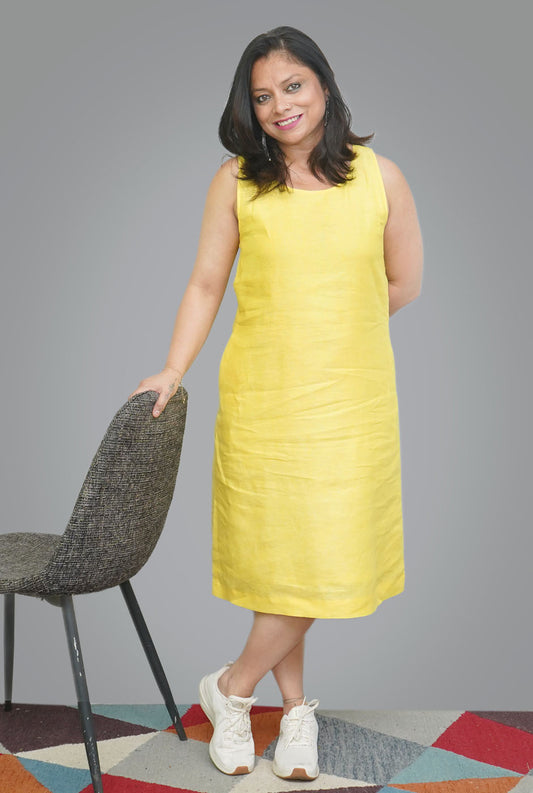 Yellow Linen Knee-Length Dress