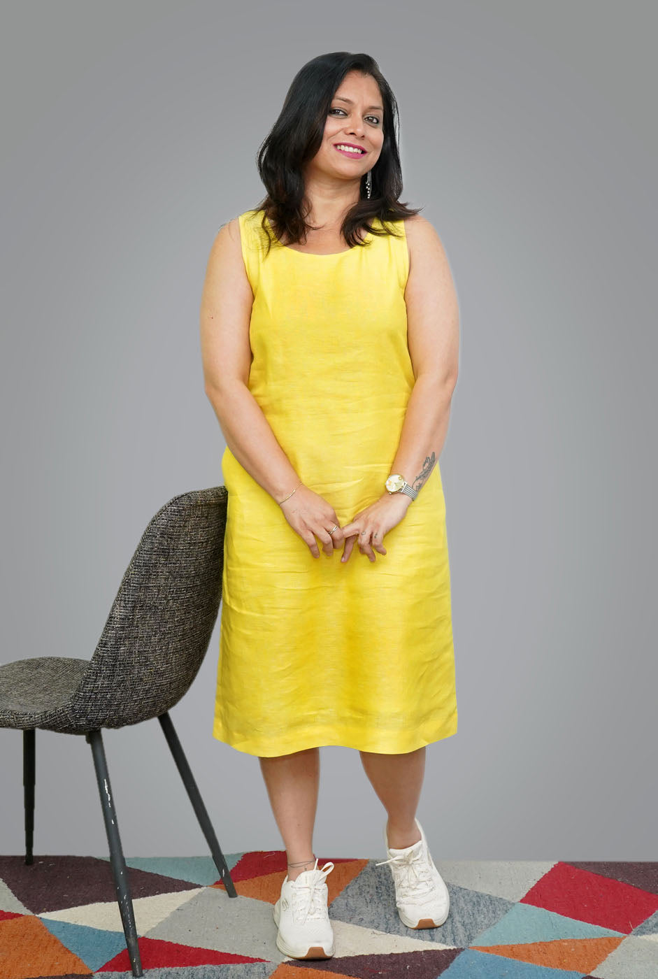 Yellow Linen Knee-Length Dress