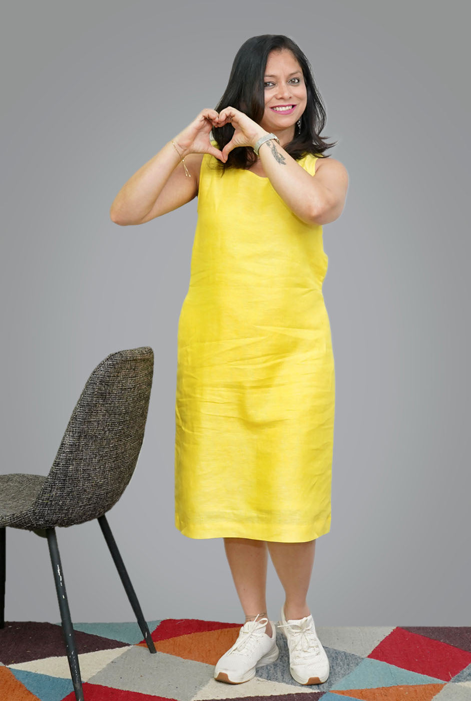 Yellow Linen Knee-Length Dress