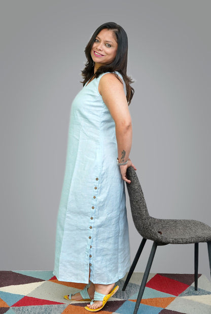 Blue Calf-Length Linen Dress