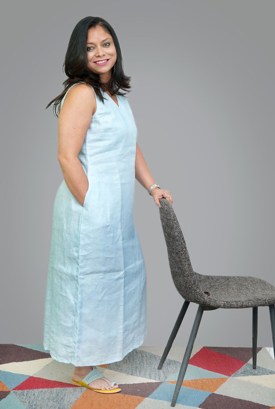 Blue Calf-Length Linen Dress