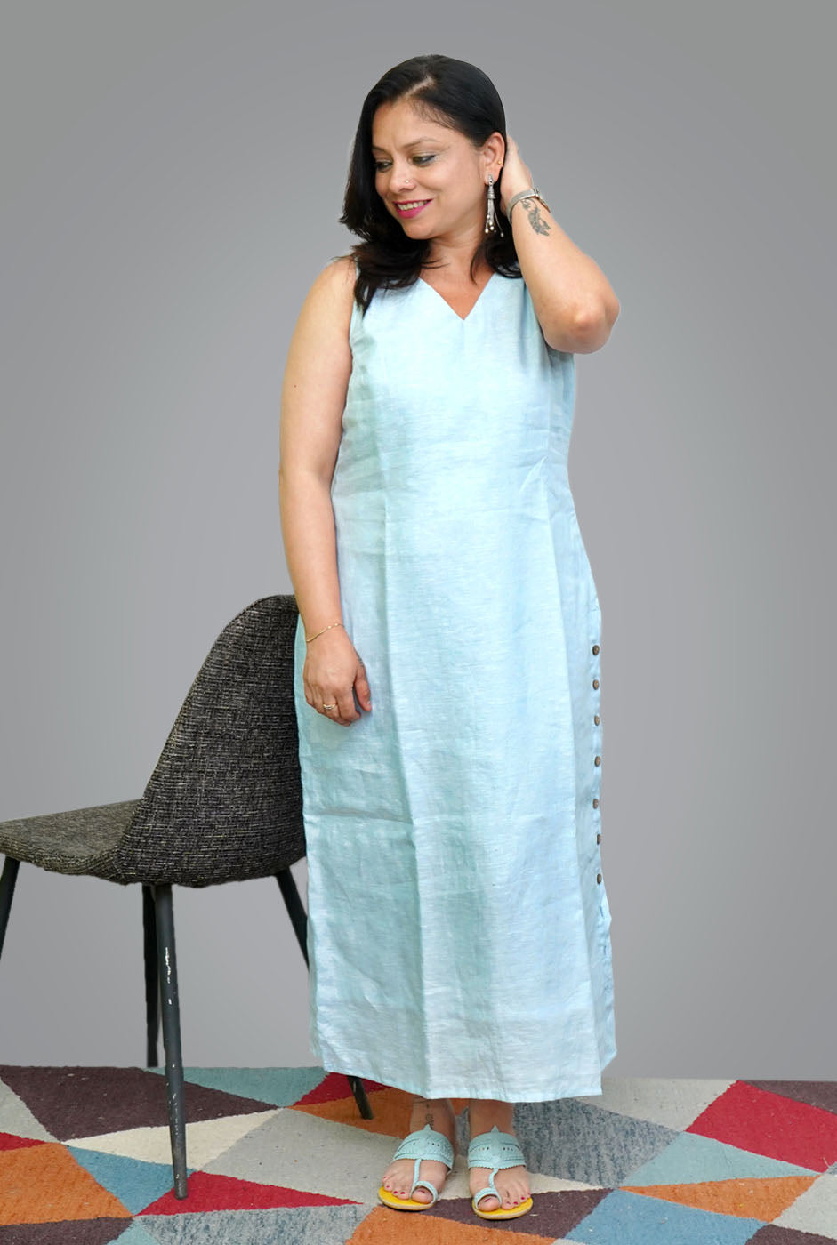 Blue Calf-Length Linen Dress