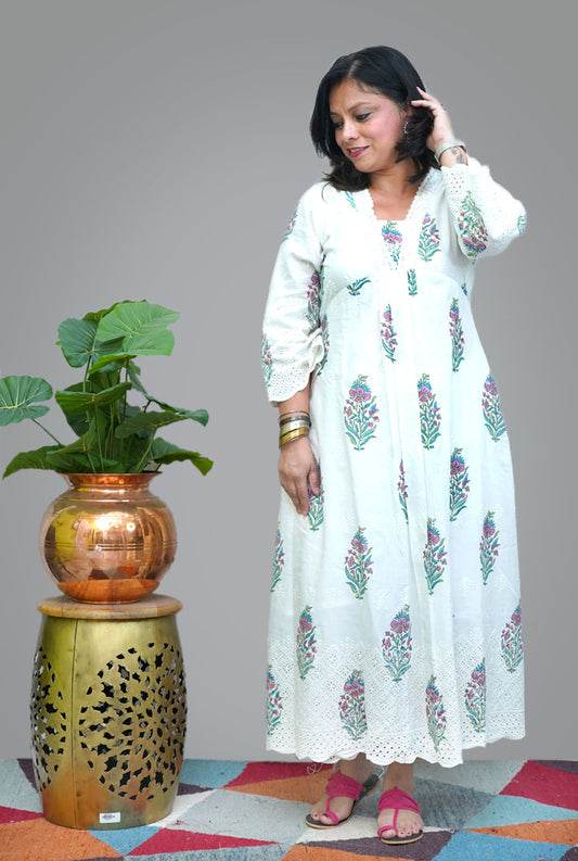 Hand Blocked Chikankari Cutwork Kurti with Lining (A)