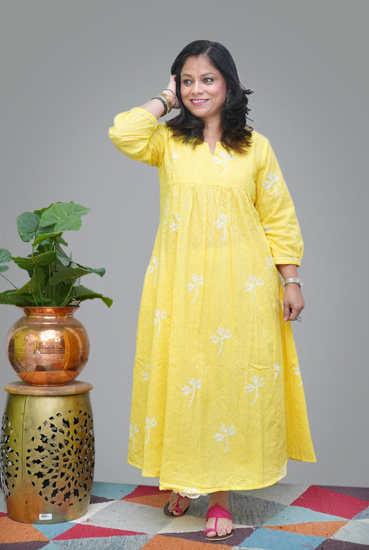 Yellow Hand Block Schiffli Kurti/ Dress