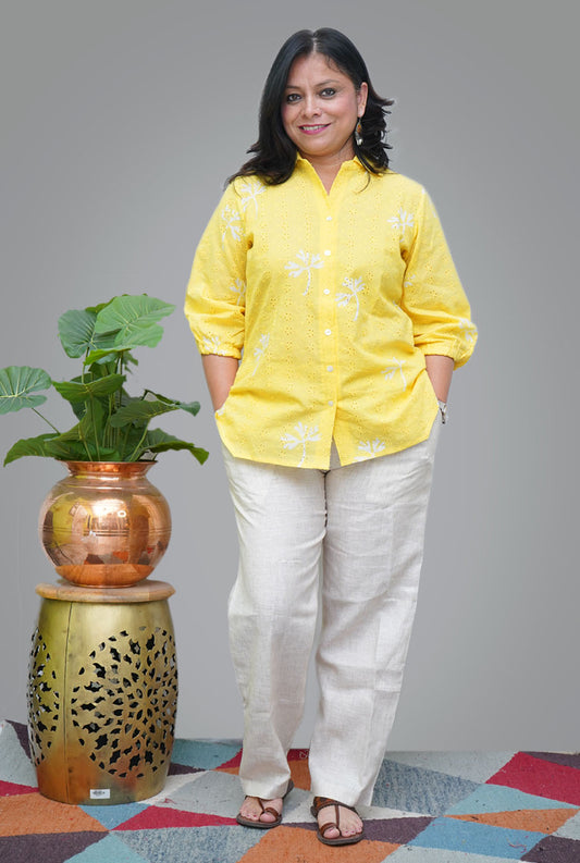 Yellow Hand Block Schiffli Short Top/ Kurta