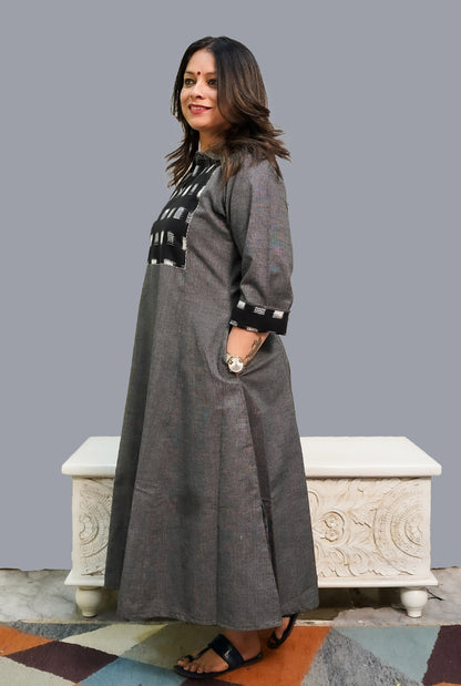 Grey Handloom Cotton Kurti with Double Ikat Yoke